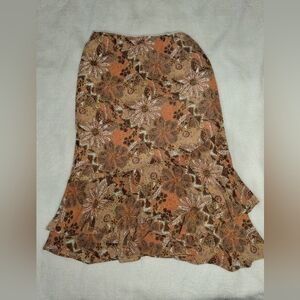 Elegant Asymmetrical Floral Skirt in Brown and Cream